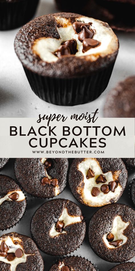 These super moist Black Bottom Cupcakes are marbled masterpieces that will melt in your mouth the minute you take a bite! They are rich, chocolatey,  and filled with the creamiest chocolate chip cream cheese filling ever! Recipe on BeyondtheButter.com | #cupcakes #creamcheese #chocolatecupcakes #chocolatechips #beyondthebutter Chocolate Cupcakes With Cream Cheese And Chocolate Chip Filling, Black Bottom Muffins Recipe, Yum Yum Cupcakes, Black Bottom Recipe, Cupcakes With Mini Chocolate Bar, Blackbottom Cupcakes Easy, Cream Cheese Chocolate Cupcakes, Chocolate Cupcakes With Cream Cheese Filling, Chocolate Chips Cupcakes