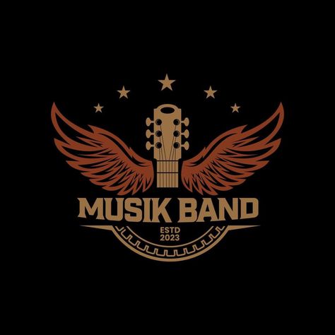 Vintage Retro Guitar Wings Music Logo Design Vector. Acoustic guitar logo.Star symbol Music shop vintage style template design elements. dark background Guitar Shop Logo, Music Logo Design Symbols, Guitar Logo Design, Retro Guitar, Logo Star, Guitar Logo, Star Symbol, Music Logo Design, Music Festival Poster