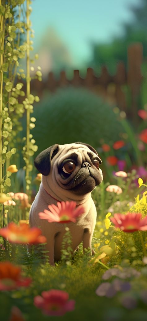 Small pug in a garden in an AI-generated phone wallpaper, offering tranquility to iPhone & Android users. Pug Phone Wallpaper, Pug Wallpaper Aesthetic, Pug Wallpaper Iphone, Pug Aesthetics, Cute Pugs Wallpapers, Peaceful Wallpaper, Pug Jewelry, Pug Earrings, Pug Wallpaper