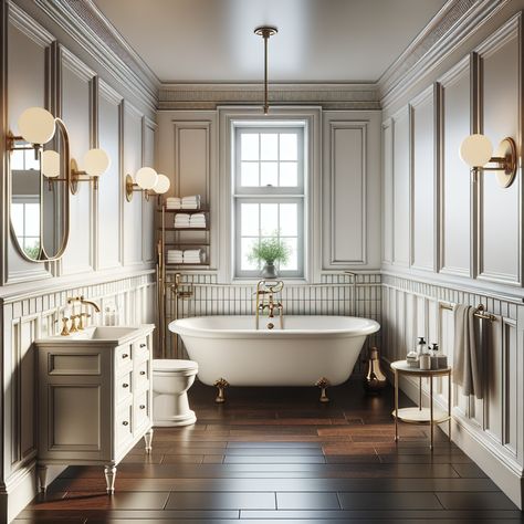 Create a detailed image of a contemporary colonial-style bathroom. The fixtures and accessories should be in polished brass for a touch of modern charm. A large window should let natural light in, highlighting the dark hardwood floors. To the side, there should be a small wooden cabinet for storage. The ceramic tiles add to the vintage impression, while the minimalist lighting fixtures provide a modern contrast. This image should provide inspiration for a bathroom remodel. English Manor Bathroom, Vintage Bathroom Design, English Manor Houses Interior, Vintage Bathroom Inspiration, Manor House Interior, Vintage Inspired Bathroom, Home Renovation Ideas, English Manor Houses, English Manor