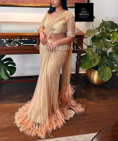 Feather Saree, Lehenga Sari, Handmade Saree, Stitched Saree, Feather Trim, Lehenga Saree, Designer Sarees, Buy Handmade, Beautiful Saree