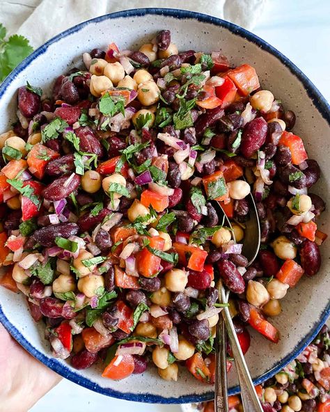 Enjoy this easy-to-make and delicious Mixed Bean Salad for your next picnic or potluck food! It's incredibly refreshing and full of yummy summer flavors! #plantbasedonabudget #mixed #bean #salad # vegan Spicy Ranch Bean Salad, Six Bean Medley Recipes, Bean Medley Salad, Red Bean Salad Recipes, Grinder Bean Salad, Italian Bean Salad, Mixed Beans Recipe, Dried Bean Recipes, Mixed Bean Salad Recipes