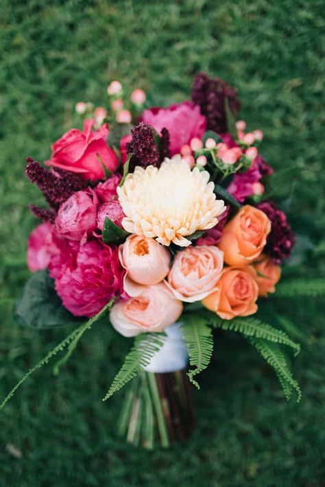 Beautiful-Wedding-Bouquet-Rich-Romantic-Pink-Peach-Orange-Flowers Hot Pink And Champagne Wedding, Bouquet Champetre, Bouquet Bride, Summer Wedding Bouquets, Wedding Bouquets Pink, Have Inspiration, Pink Wedding Flowers, David Austin Roses, Wedding 2024