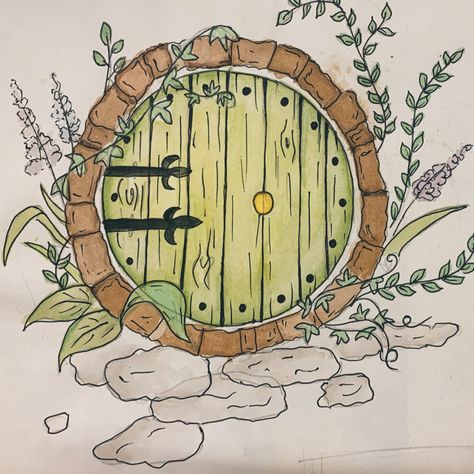 Hobbit House Drawing Easy, Hobbit Door Painting, Fairy Home Drawing, Hobbit Hole Drawing, Hobbit House Drawing, Fairy House Drawing, Tattoo Collage, Simple House Drawing, Lord Rings