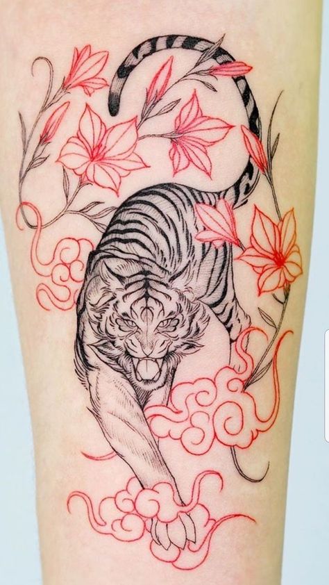 Tiger With Flames Tattoo, Georgia Tattoos, Tiger Tattoo Thigh, Red Flower Tattoos, Japanese Tiger Tattoo, Dna Tattoo, Tattoo Japanese Style, Small Dragon Tattoos, Flame Tattoos