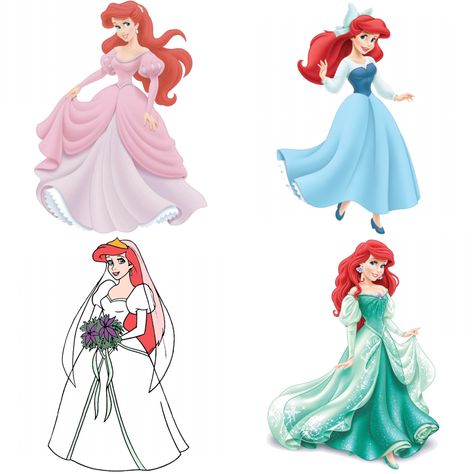 Ariel dresses: 1) pink ball gown 2) blue town dress 3) wedding dress 4) sea foam Parks/merch dress Ariel In Blue Dress, Ariel Royale High, Ariel Ball Gown, Ariel Inspired Dress, Ariel Dress Costume, The Little Mermaid Dress, Ariel Blue Dress, Princesses Dresses, Ariel Characters