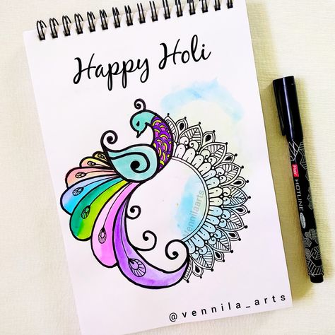 Holi Mandala Art Holi Mandala Art, Holi Mandala, Holi Drawing Ideas, Drawing Ideas Mandala, Peacock Mandala Art, Colourful Mandala Art, Holi Painting, Holi Drawing, Easy Mandala Art