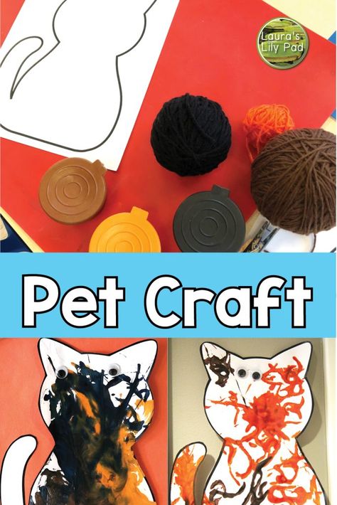 Cat Yarn Painting Pets Theme Art Preschool, Preschool Pets Crafts, Halloween Cat Crafts For Toddlers, Pet Art Projects For Kids, Pet Process Art Preschool, Pets Prek Theme, Pet Week Crafts Toddlers, Toddler Pet Activities, Cat Crafts For Preschoolers