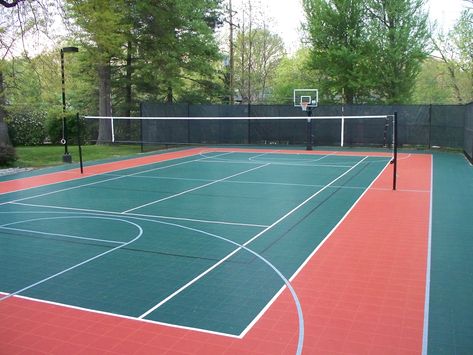 Backyard Sport Court, Backyard Volleyball, Tennis Court Backyard, Outdoor Sports Court, Backyard Court, Basketball Court Backyard, Backyard Sports, Outdoor Basketball Court, Volleyball Court