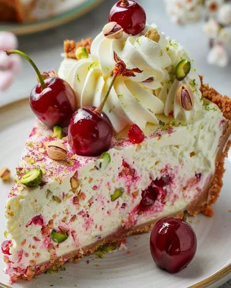 Lemon-Lime Cherry Pistachio Cheesecake Recipe | Delightful Dessert Pistachio Cheesecake Recipe, Italian Cheesecake, Cherry Pistachio, Cheesecake With Whipped Cream, Pistachio Cheesecake, Biscuits Graham, Dairy Free Cream, Refreshing Desserts, Summer Dessert Recipes