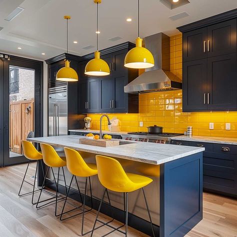 9+ Vibrant Inside House Color Ideas Using Bright Yellow and Navy • 333+ Art Images Yellow And Blue Kitchen Ideas, Navy Blue And Yellow Kitchen, Living Room 80s, House Color Ideas, Blue And Yellow Kitchen, Bright Kitchen Colors, Blue Yellow Kitchens, Kitchen Wallpaper Ideas, Yellow Kitchen Designs