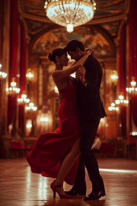 Step into the world of passion and rhythm with this captivating image of a couple dancing the Tango in a vintage Buenos Aires ballroom. The scene exudes the fiery essence of the dance, set against the backdrop of an elegantly aged ballroom that whispers stories of the past. Every swirl and embrace showcases the intensity and emotion that Tango embodies, reflecting a dance that's as much about connection as it is about movement. Dancing Photoshoot Couple, Couples Dancing Together, Couples Dancing Poses, Couple Dancing Photo, Wedding Dance Aesthetic, Ballroom Dancing Pose Reference, Dancing Aesthetic Couple, Dance Poses Couple, Couple Dancing Pose