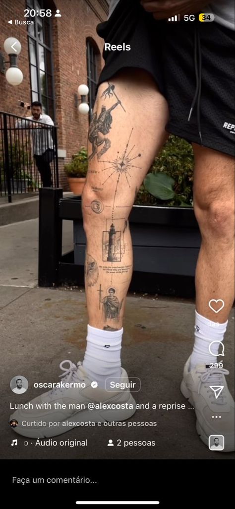 Quad Sleeve Tattoo, Shin Tattoo Sleeve, Alex Costa Leg Tattoo, Mens Tattoo Leg Sleeve Ideas, Minimal Leg Sleeve Tattoo, Fine Line Leg Tattoo Men, Minimalist Knee Tattoo, Quad Men’s Tattoos, Leg Sticker Sleeve