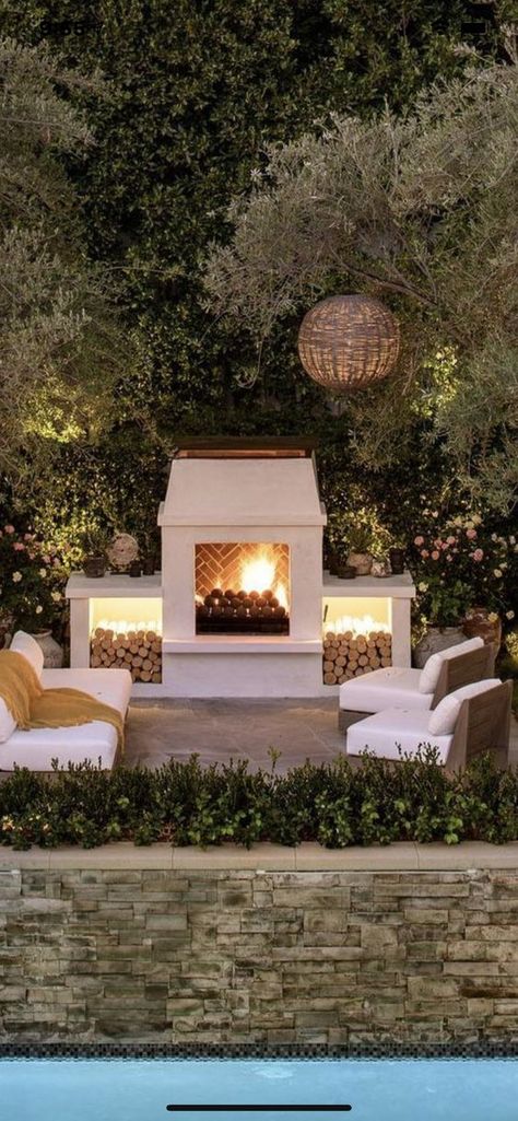 Garden Backyard Aesthetic, Aesthetic Backyard, Backyard Aesthetic, Spanish Farmhouse, Fireplace Patio, Outside Fireplace, Outdoor Barbeque, Outdoor Fireplace Designs, Backyard Oasis Ideas