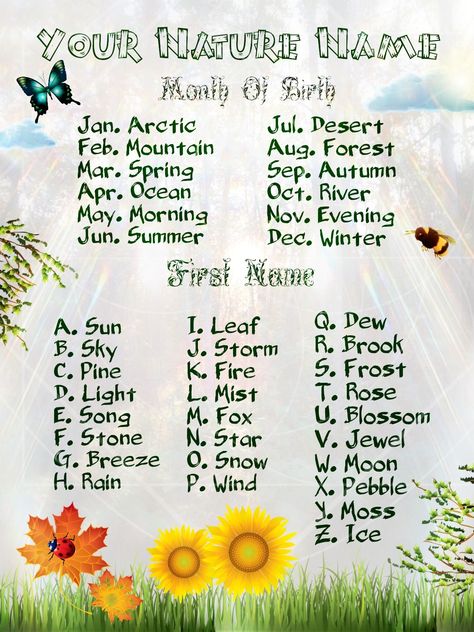 Birthday Scenario Game: Nature Names / My name is Forest Rain Find Your Name Game, Forest Names Nature, Rain Names, Funny Name Generator, Birthday Scenario Game, Mushroom Names, Asl Sign Language Words, Name Maker, Scenario Game