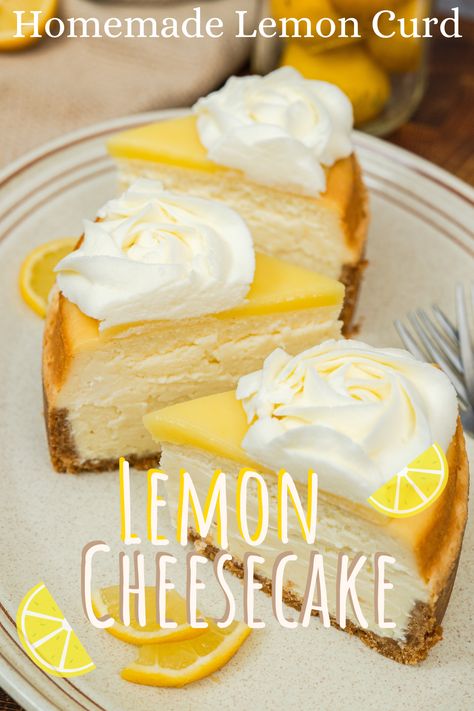 This New York Style Lemon Cheesecake is the best cheesecake even without lemons! Try this rich cheesecake with a homemade lemon curd topping and whipped cream swirls on a hot Sommer day preferably with some (homemade) lemonade. Follow my easy recipe with detailed instructions on how to achieve the best baked cheesecake without cracks. Find a great lemon curd recipe on my blog, too! Lemon New York Cheesecake, Lemon Cheesecake With Lemon Curd, Baked Lemon Cheesecake Recipe, Lemon Topping For Cheesecake, Lemon Swirl Cheesecake, Lemon Yogurt Cheesecake, Lemon Curd Cheesecake Recipe, Cheesecake Recipes Lemon, Lemon Cream Cheesecake