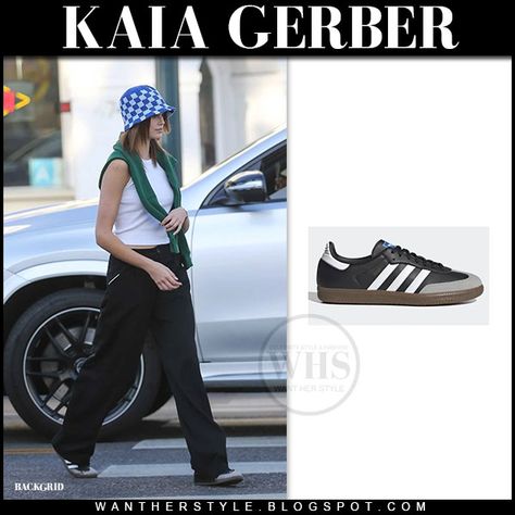 Kaia Gerber in white tank top, black trousers and sneakers adidas samba Adidas Samba Black Outfit, White Samba Adidas Outfit, Black Adidas Outfit, Trousers And Sneakers, Adidas Women Outfit, Sambas Adidas Women, Sambas Outfits, Sambas Adidas Women Outfit, Black Sambas