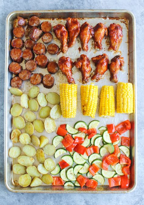 Baby Potatoes Roasted, Beef Sausage Recipes, Fresh Corn On The Cob, Corn In The Oven, Potatoes Roasted, Roast Zucchini, Sheet Pan Chicken, Sheet Pan Dinners Recipes, Beef Sausage