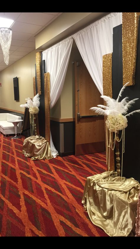 Wedding reception entrance for gatsby wedding Gatsby Entrance, Gatsby Entrance Decor, Great Gatsby Entrance Decor, Masquerade Entrance, Gala Entrance Ideas, Masquerade Ball Entrance, Gala Party Ideas Decoration, Prom Entrance, Masquerade Party Decorations Theme Entrance