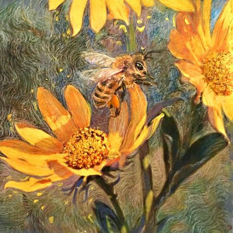 "Bees,Honeybee art, Van Gogh Bee, re..." by Lee Mitchelson Save The Bees Art, Honeybee Aesthetic, Bees Artwork, Bee Art Painting, Market Trailer, Honey Bee Painting, Bee Paintings, Bee Illustrations, Pollinating Flowers