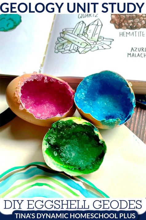 Free Homeschool Geology Unit Study And Easy DIY Eggshell Geode. I have a free homeschool geology unit study. Also, grab more ideas on my best homeschool unit studies page. Find out how to create your own diy eggshell geode, gather a list of fabulous books, and learn some interesting facts alongside your child. Geology is the study of the Earth, on and under its surface, and the processes that shape it. Geology Sensory Bin, Geology Homeschool Unit, Geology Experiments For Kids, Geology Homeschool, Geology Study, Geology For Kids, Homeschool Unit Studies, Borax Crystals, Notebooking Pages