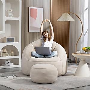 HMFULE Bean Bag Chair with Ottoman, Comfy Bean Bag Sofa Chair, High Pressure Foam Lazy Sofa, Modern Accent BeanBag Chairs for Living Room, Bedroom, Beige Ottoman Comfy, Lazy Boy Sofas, Foam Couch, Comfy Bean Bag, Beanbag Sofa, Chair And Footstool, Bedroom Beige, Chairs For Living Room, Sofa Modern