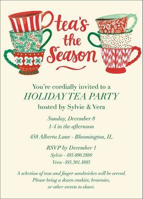 For devoteas, there is no wrong season for a tea party. But is not this time of year a tealightful time to indulge to excess?! Impress your guests with this unique custom holiday party invitation, featuring artwork created by our designers in Chicago. Printed on Mohawk superfine soft white, 130 lb. card stock that is soft to the touch and matches our superfine soft white envelopes. Paper is FSC certified and made using wind power. More Colors Available Paper Source Holiday Theme Party Ideas, December Tea, Holiday Tea Party, Sorority Christmas, Christmas Afternoon Tea, Tea Puns, Christmas Aesthetics, Christmas Tea Party, Meeting Ideas