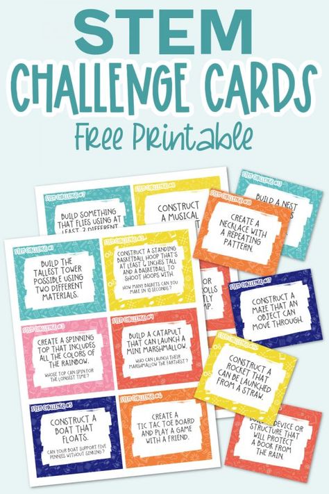 Help get children excited about science, technology, engineering, and science with these free STEM Challenge Cards. 24 fun STEM activities! Diy Stem Bins, Stem Challenge Cards, Lego Stem Challenge, Steam Night, Busy Bins, Stem Bins, Homeschooling Activities, Elementary Stem Activities, Fun Stem Activities