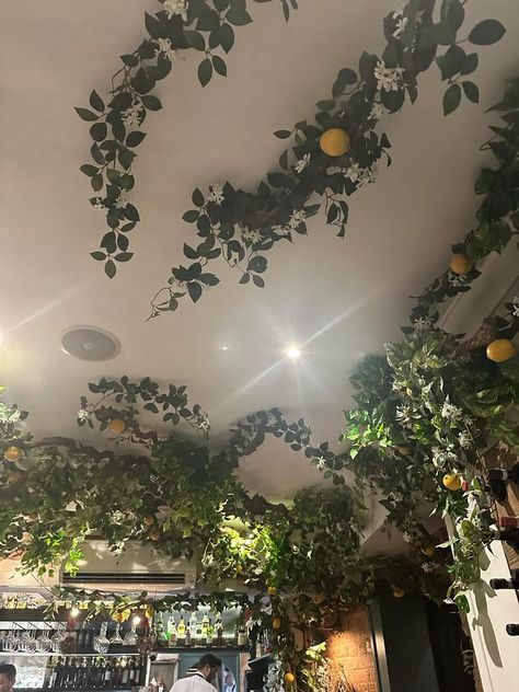 Flower Vine Ceiling Bedroom, Leaves Room Decor Ceiling, Bedroom Ceiling Ideas Aesthetic, Moss Ceiling Bedroom, Vibes Hanging From Ceiling, Vibes On Ceiling Bedroom, Hanging Room Decor Ceilings, Vines And Lights On Ceiling, Flower Vines Room Decor