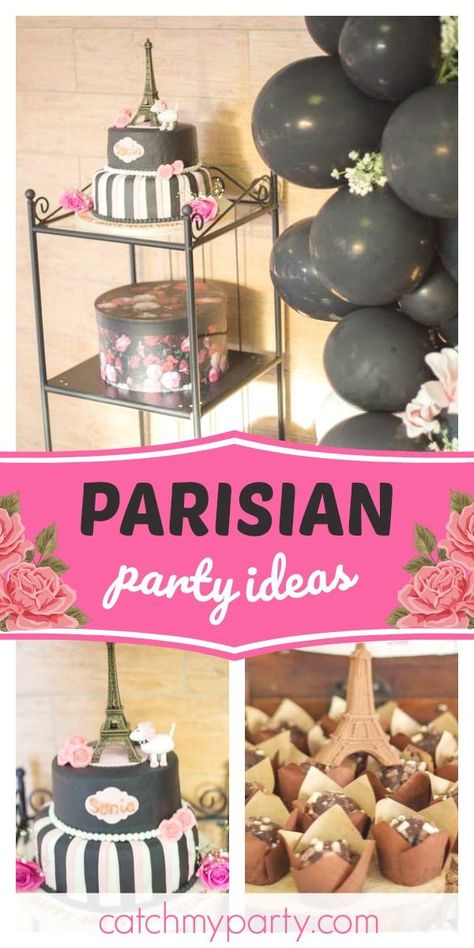 Swoon over this gorgeous Parisian themed 40th birthday party! The birthday cake is wonderful! See more party ideas and share yours at CatchMyParty.com #catchmyparty #partyideas #PARIS #parisianparty #40thbirthdayparty Parisian Themed Party, French Food Party, Parisian Birthday Party, Parisian Party Theme, Paris Themed Cakes, Vintage Party Ideas, Shabby Chic Cakes, Party In Paris, French Party