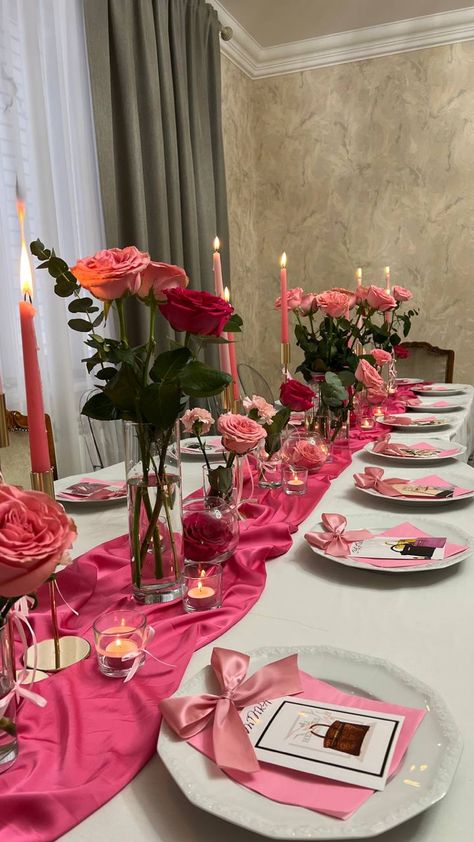 Galentines Table Setting Ideas, Backdrops For Events, Romance Themed Party, Galentines Aesthetic Flowers, Galentine Tables, Galentines Party Pink, Intimate Bday Party Ideas, Valentine’s Day Party Theme, Galentines Tablescape Candles