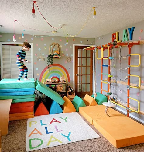 Small Bedroom Playroom Combo, Mint Green Playroom, Small Active Playroom, Kids Playroom Ideas Colorful, Grandparents Playroom, Sensory Rooms For Kids, Waldorf Playroom At Home, Children’s Playroom, Indoor Playroom Ideas