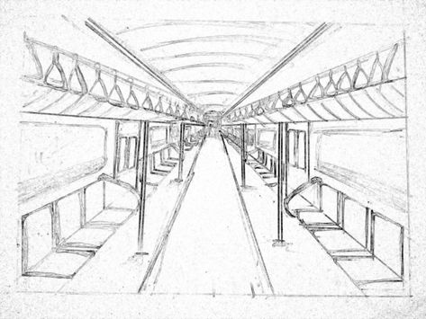 One point perspective Metro train view One Point Perspective Bridge, One View Perspective Drawing, One Point Perspective Outdoor, Train One Point Perspective, Point Of View Art Perspective, Train Perspective Drawing, Frog Perspective Drawing, One Point Perspective Drawing Street, One Point Perspective Sketch