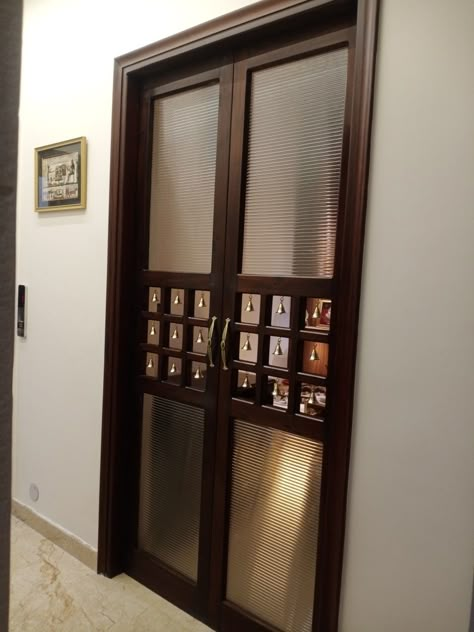 Pooja Room With Glass Door, Pooja Room Door Design Glass And Wood, South Indian Main Door Design, Puja Door Design, Gopuram Designs, Pooja Room Glass Door Designs, Mandir Glass Door Design, Puja Room Door, Mandir Door Design For Home