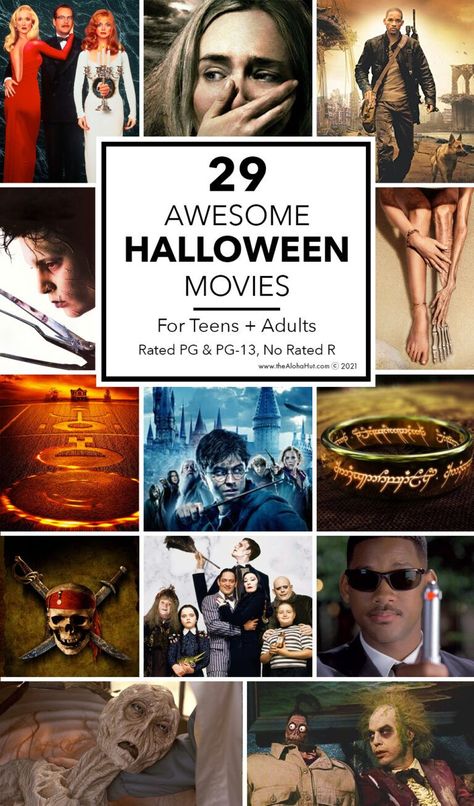 Looking for the best Halloween movies for teens and adults that are good? We've rounded up our top Halloween movies that are great for teens and adults with no rated R movies. We love having a Halloween movie nights during October (with some fun movie marathon nights). Check out our Teen and Adult Halloween Movie list: A Quiet Place, Harry Potter, Beetlejuice, Pirates of the Caribbean, and more. Host a fun movie night party this Halloween - even better if you can do an outdoor movie night! Halloween Movies For Teens, Top Halloween Movies, Best Family Halloween Movies, Movie Night List, Top Scary Movies, Family Halloween Movies, Movies For Teens, Halloween Movie Night Party, Halloween Movie Marathon