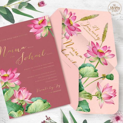 Lotus theme wedding invitation Rig Veda, Lotus Wedding, Original Wedding Invitations, Engagement Invite, Wedding Card Design Indian, Illustrated Wedding Invitations, Wedding Invitation Trends, Marigold Flowers, Marriage Cards