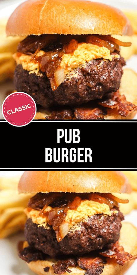 This Pub Burger is full of flavor, with pub cheese, beer caramelized onions, and bacon all together on a juicy seasoned burger patty. Beer Burger Recipes, Pub Burger Recipe, Beer Can Burgers, Pub Burger, Pub Cheese, Grilled Burger Recipes, Beer Burger, Burger Patty, Beer Bacon