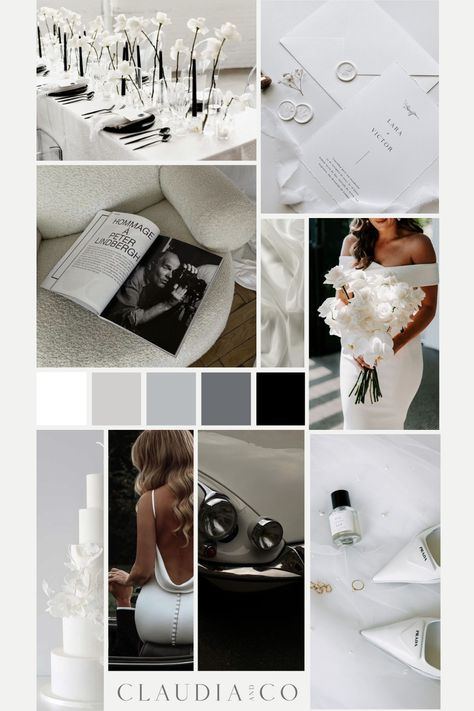 Modern Classic Wedding Color Palette, Black And White Color Scheme Wedding, Modern Monochrome Wedding, Black And White Luxury Wedding, Monochrome Wedding Theme, Black And White Wedding Mood Board, Black And White Wedding Palette, Black Tie Wedding Color Palette, Black And Pearl Wedding