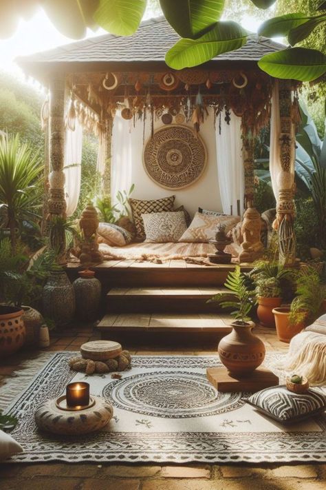 Welcome to a groovy collection of hippie garden ideas! From peaceful pathways to whimsical wind sculptures, discover how to infuse your outdoor space with bohemian charm and vibrant creativity. Boho decor, backyards, outdoor spaces, small, DIY, patio, farmhouse, landscaping, boho theme. Bohemian Deck, Hippie Garden Ideas, Zen Meditation Space, Colorful Boho Rugs, Patio Farmhouse, Outdoor Decor Ideas, Hippie Garden, Backyard Hammock, Healing Room