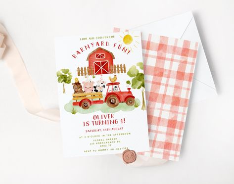 Farm 1st Birthday Invitation. Editable Farm Animals Barnyard Birthday Invitation. Red tractor first birthday invite. Corjl #f1 Farm Cupcake Toppers, Girls Farm Birthday, Farm Birthday Invitation, Farm Animal Birthday, Barnyard Birthday, 2nd Birthday Invitations, Animal Birthday Party, Carton Invitation, Farm Party