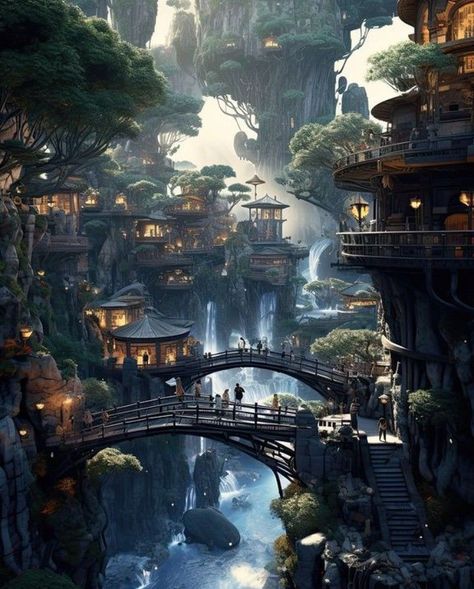 a clan hidden from other clans  a very important clan  with direct co… #fanfiction #Fanfiction #amreading #books #wattpad Fantasy World Landscapes Nature, Fantasy Capital City, Forest City Fantasy Art, Fantasy Setting Inspiration, Fantasy World Inspiration, Rainforest City, Fantasy Locations, Fantasy Scenery, Futuristic House