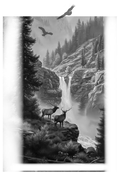 Deer Landscape Tattoo, Trees And Mountains Tattoo, Mountain Scenery Tattoo, Loveless Tattoo, Mountain Sleeve Tattoo, Forest Tattoo Sleeve, Waterfall Tattoo, Wilderness Tattoo, Berg Tattoo