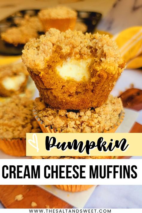 Pumpkin Cream Cheese Muffins packed with pumpkins and a surprise cream cheese filling, then topped with a crumbly streusel topping. These moist pumpkin muffins make the best breakfast treat! They taste AND smell incredible! Fluffy Pumpkin Cheesecake, Cream Cheese Filled Pumpkin Muffins, Pumpkin Apple Muffins, Moist Pumpkin Muffins, Pumpkin Cheesecake Muffins, Honey Muffins, Pumpkin Streusel Muffins, Pumpkin Roll Cake, Cheesecake Muffins