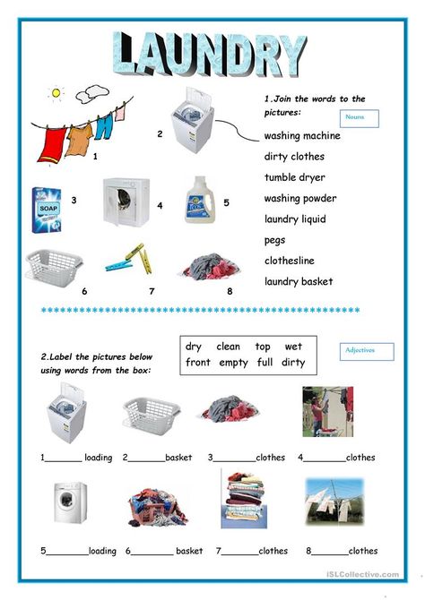 Laundry - English ESL Worksheets for distance learning and physical classrooms Living Skills Worksheets, Life Skills Worksheets, Personal Hygiene Worksheets, Independent Living Skills, Life Skills Curriculum, Life Skills Lessons, Vocational Skills, Life Skills Classroom, Teaching Life Skills