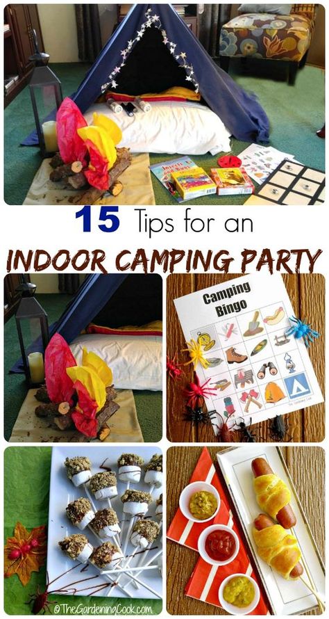 Indoor Camping Party, Hot Dog On A Stick, Camping Party Decorations, Indoor Birthday, Indoor Camping, Camping Theme Party, Camping Birthday Party, Camping Parties, Family Fun Night