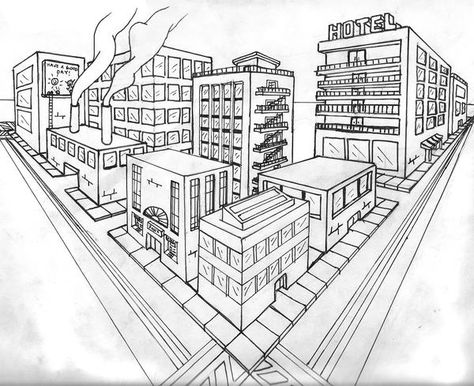 Two Point Perspective City, 2 Point Perspective City, 2 Point Perspective Drawing, Three Point Perspective, 3 Point Perspective, Perspective Lessons, Perspective Sketch, Architecture Drawing Plan, Perspective Drawing Architecture