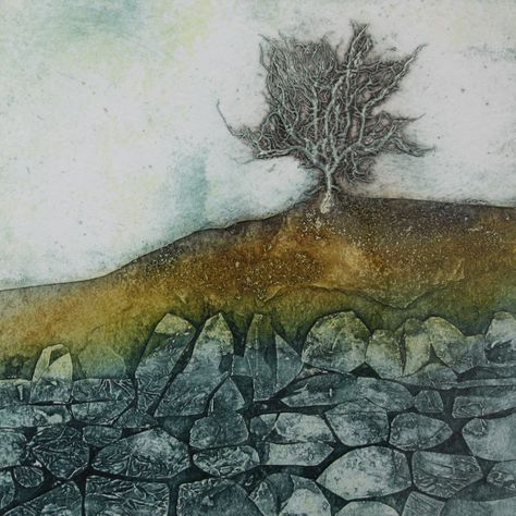 Alone on a Hill Sarah Ross, Collagraph Printmaking, Collagraphy, Abstract Painting Techniques, Dry Stone Wall, Falling Asleep, A Hill, Lino Print, Woodblock Print