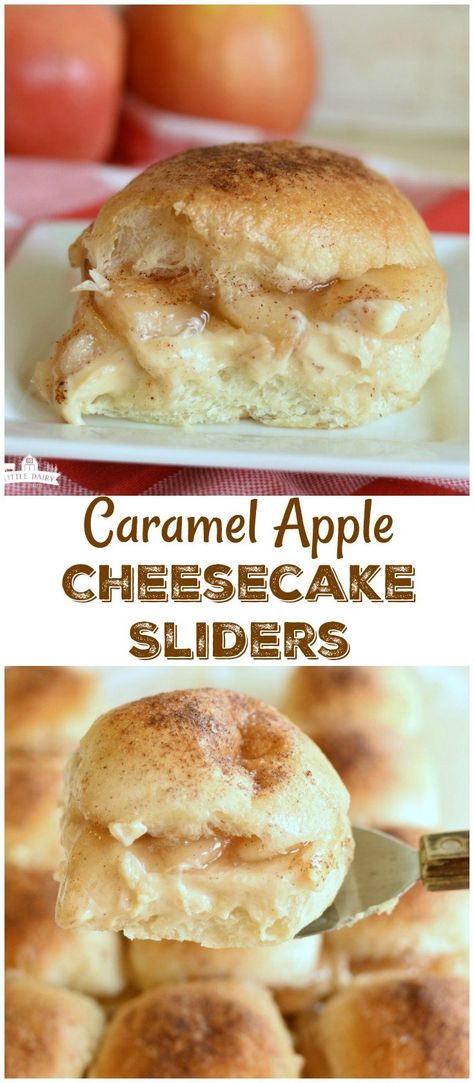 Caramel Apple Cheesecake Sliders Fall Tailgate Desserts, Cheesecake Sliders, Church Snacks, Apple Cheese, Rhodes Rolls, Chef Jobs, Caramel Apple Cheesecake, Diy Easy Recipes, Apple Cheesecake