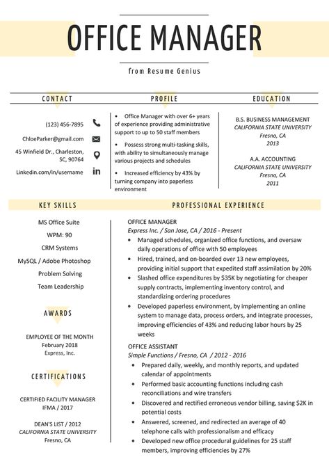 Office Manager Resume Sample & Tips | Resume Genius Manager Office Design, Management Resume, Office Manager Resume, Cv Inspiration, Job Interview Advice, Office Management, Seating Plans, Good Resume Examples, Job Info