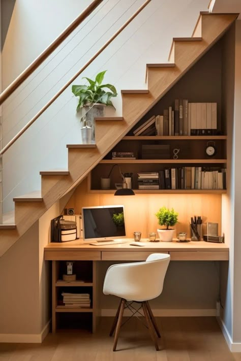 Office Under The Stairs, Desk Under Stairs, Office Under Stairs, Stairs Nook, Under Stairs Nook, Under Stairs Ideas, Space Under Stairs, Stair Nook, Charm Aesthetic